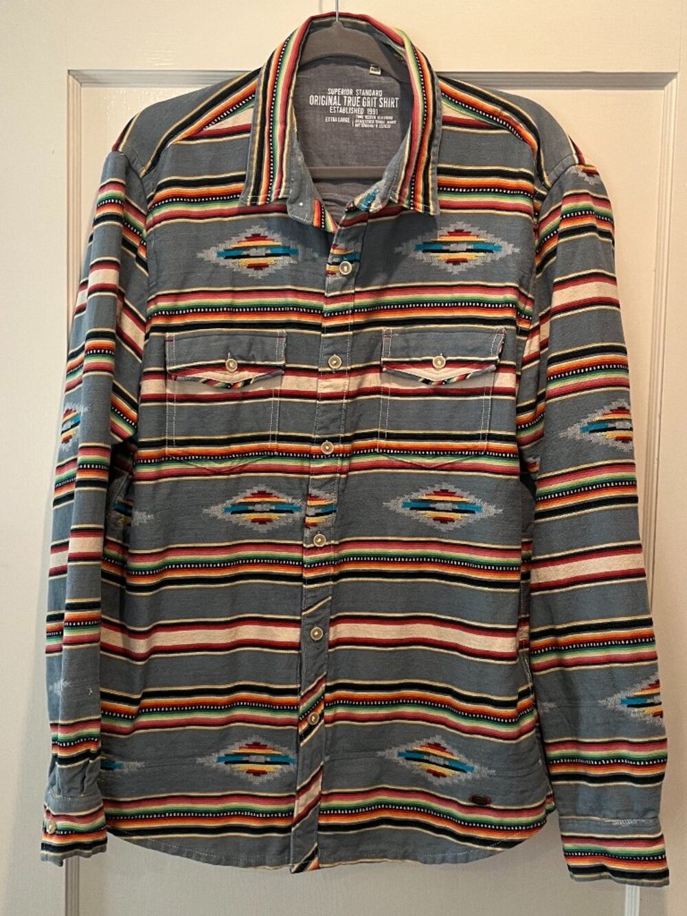 Original True Grit Light Blue Striped Aztec Pattern Men's Button-Up Shirt XL